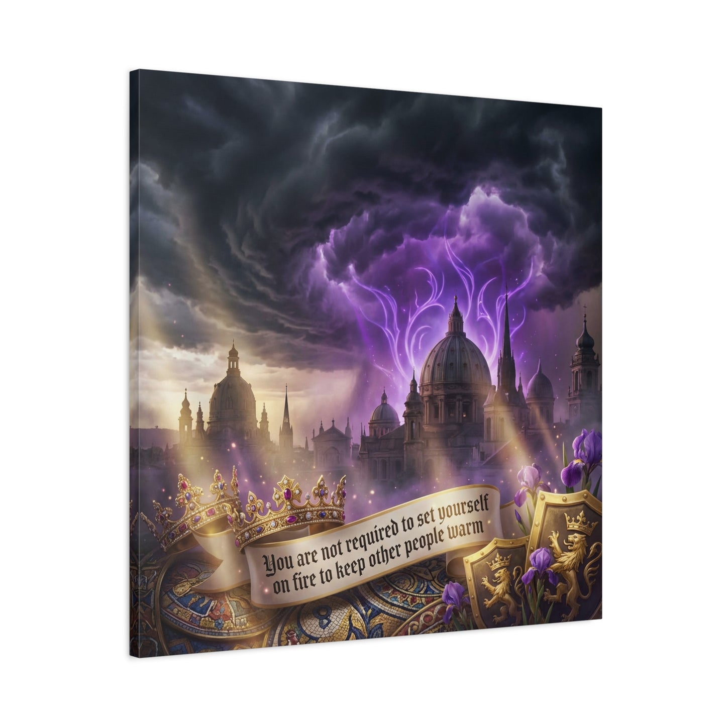 "You Are Not Required To Set Yourself On Fire" Canvas Wall Art - Gothic Castle Quote Decor, Purple Storm Sky, Crown And Iris Fantasy Print - Bedroom Home Decoration, Living Room Accent - Ready to Hang