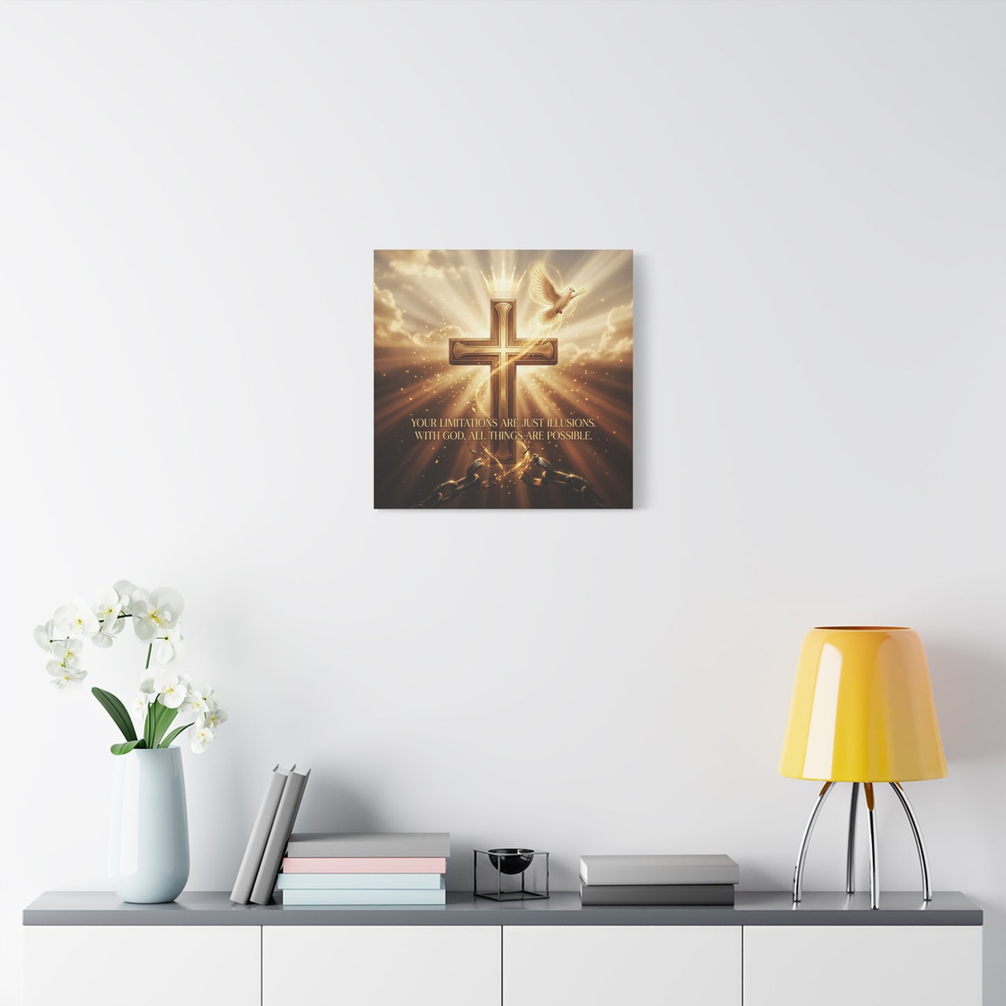 "Your Limitations Are Just Illusions. With God, All Things Are Possible." Christian Canvas Wall Art - Glowing Cross, White Dove, Crown, Broken Chains - Gold Religious Wall Decor For Living Room