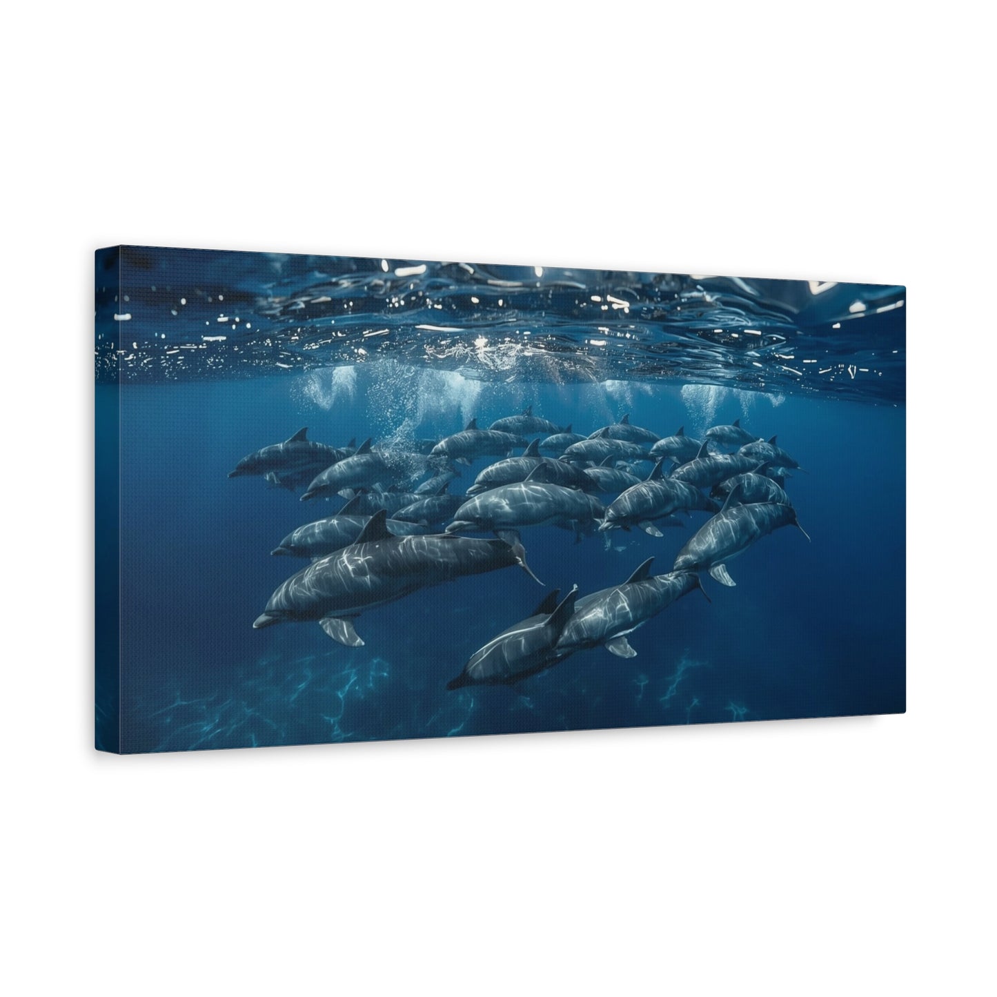 Dolphin Pod Canvas Wall Art - Underwater Ocean Art Print, Blue Marine Wildlife Decor - Matte Coastal Style - Living Room Wall Decor, Bedroom Home Decoration - Bedroom Home Decoration