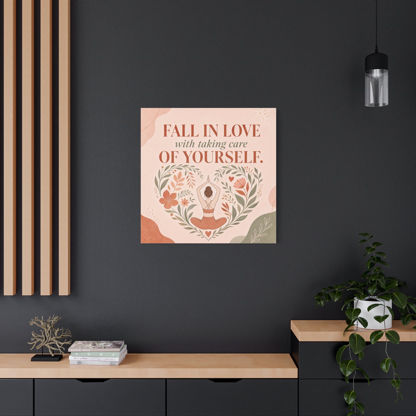 "Fall In Love With Taking Care Of Yourself." Inspirational Canvas Wall Art - Yoga Woman Floral Quote Print - Bohemian Modern Sage Blush Decor - Living Room Wall Decor - Bedroom Home Decoration