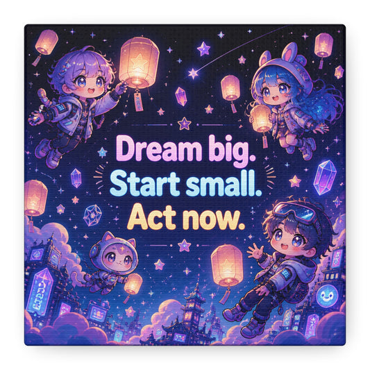 "Dream Big. Start Small. Act Now." Inspirational Canvas Wall Art - Kawaii Space Kids, Star Lantern Night Sky Quote Print - Neon Purple Blue Decor, Bedroom Home Decoration, Teen Room Accent