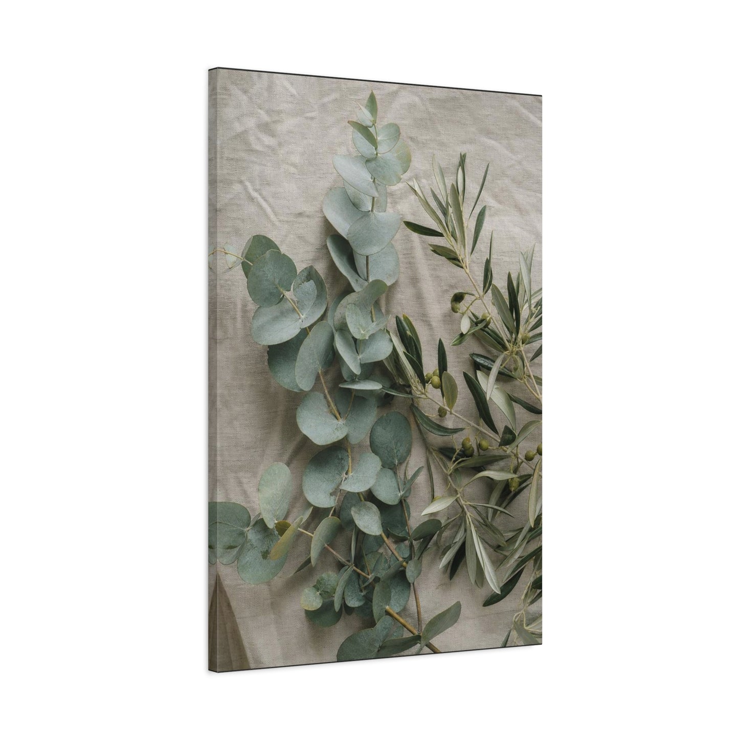 Eucalyptus And Olive Branch Canvas Wall Art - Botanical Still Life, Soft Sage Beige Tones - Matte Cotton Print, Minimalist Traditional Style - Bedroom Decoration, Spa Accent - Living Room Wall Decor