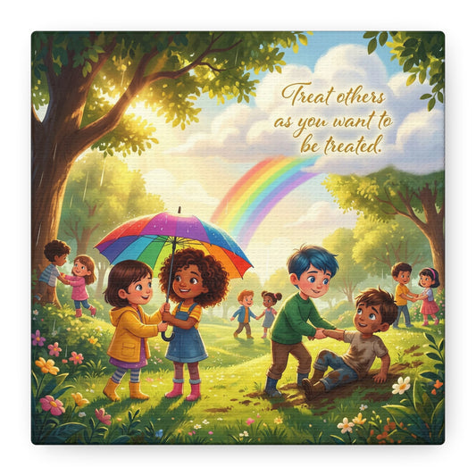 "Treat Others As You Want To Be Treated" Kids Canvas Wall Art - Rainbow Kindness Quote, Children Helping In Sunny Park - Matte Cotton Print - Playroom Classroom Decor, Nursery Wall Hanging