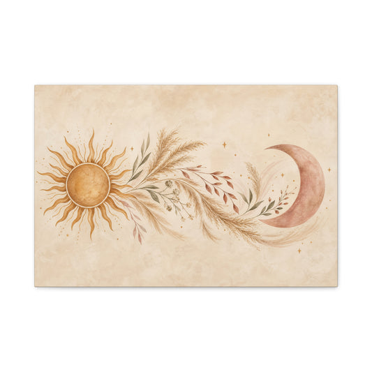 Boho Sun And Moon Canvas Wall Art - Celestial Botanical Pampas Grass Print - Neutral Beige Terracotta Modern Bohemian Decor - Bedroom Living Room Wall Decor - Meditation Space Accent - Ready to Hang