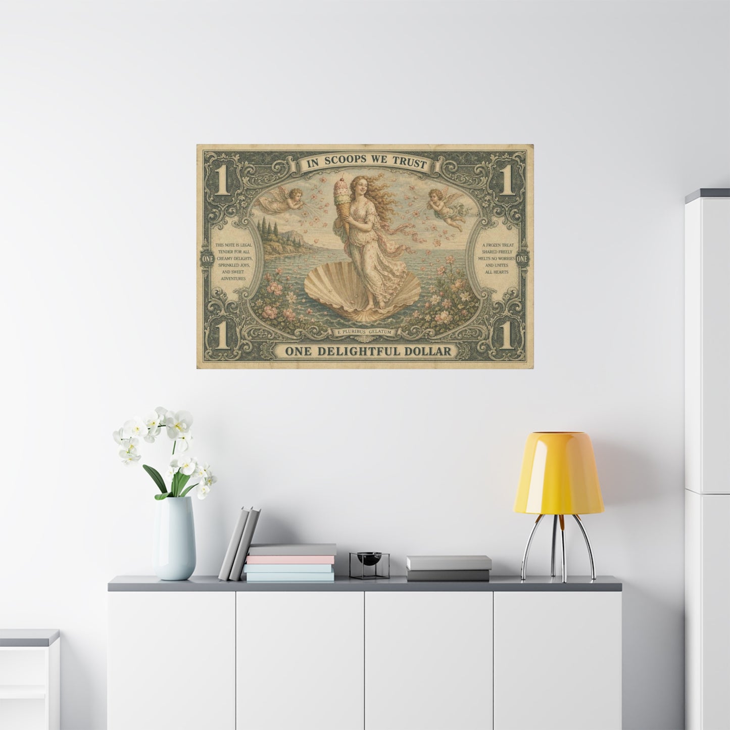 "In Scoops We Trust" Ice Cream Venus Canvas Wall Art - Vintage Parody Currency Print, Mythological Seaside Illustration, Whimsical Retro Decor, Living Room Bedroom Office Accent - Office Wall Art