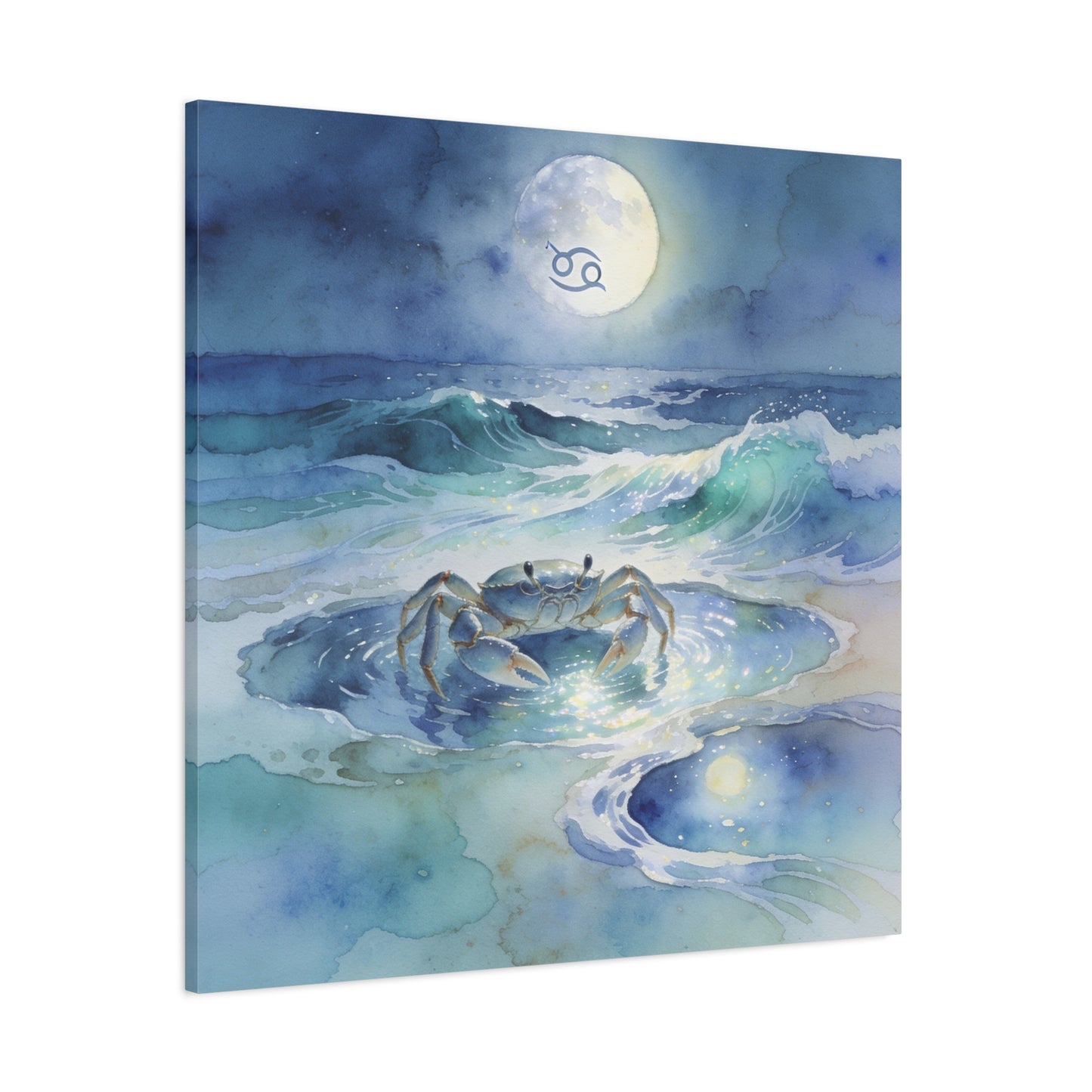 Cancer Zodiac Canvas Wall Art - Moonlit Ocean Crab Watercolor Print, Coastal Astrology Decor - Serene Blue Seascape - Bedroom Wall Decor, Meditation Space Accent, Bohemian Style - Ready to Hang