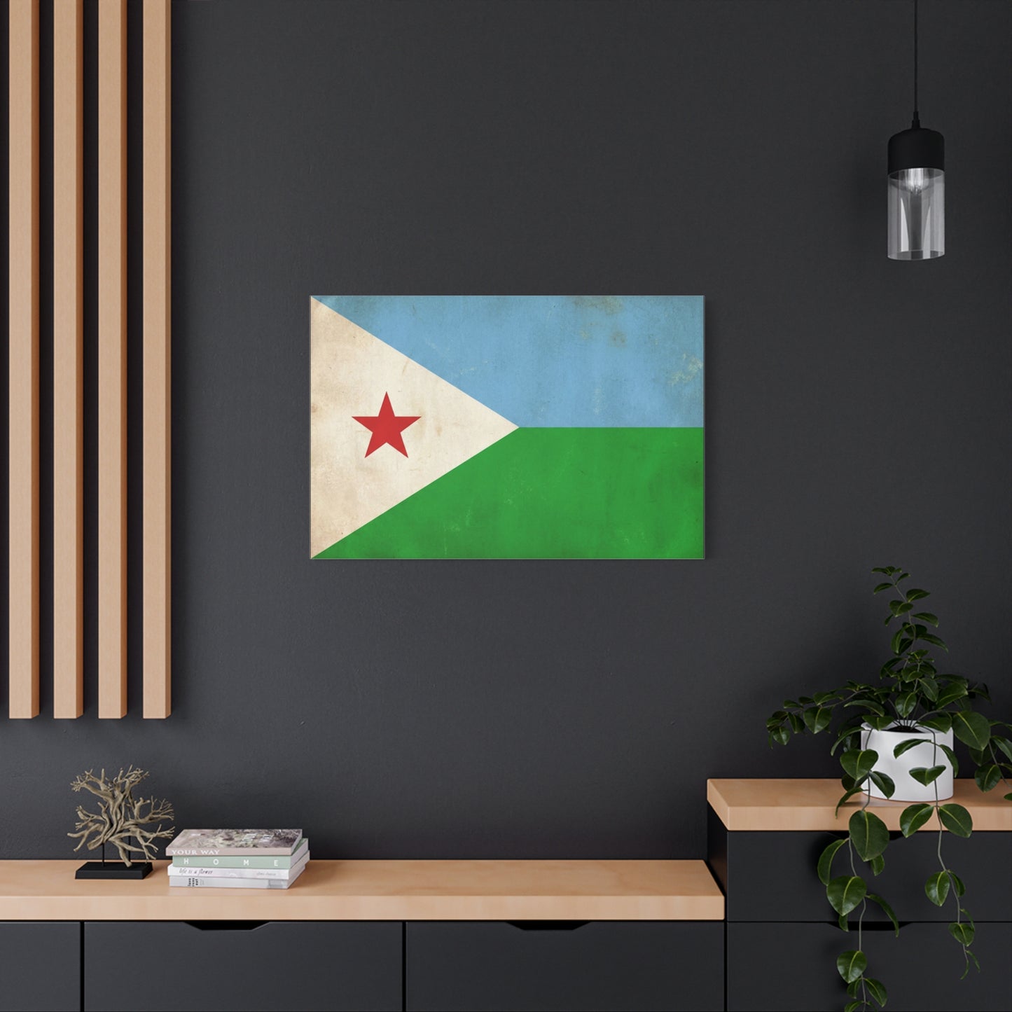 Djibouti Flag Canvas Wall Art - Vintage National Banner Print, Patriotic Home Decor - Distressed Blue Green White Red Star Design - Living Room Decoration - Living Room Wall Decor - Ready to Hang