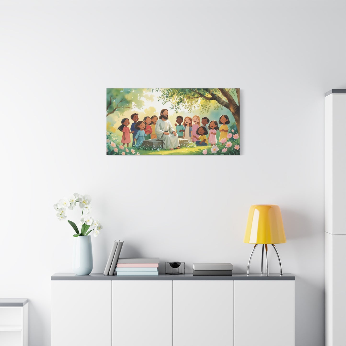Jesus With Children Canvas Wall Art - Sunlit Garden Faith Illustration, Christian Nursery Decor, Matte Cotton Print, Traditional Style - Kids Room, Classroom, Living Room Wall Decor - Ready to Hang