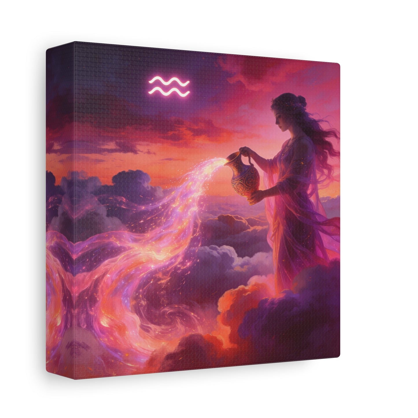 Aquarius Goddess Canvas Wall Art - Zodiac Woman Pouring Celestial Water, Fantasy Sky Illustration - Pink Purple Matte Canvas Print - Bedroom Wall Decor, Bohemian Home Accent - Bedroom Home Decoration