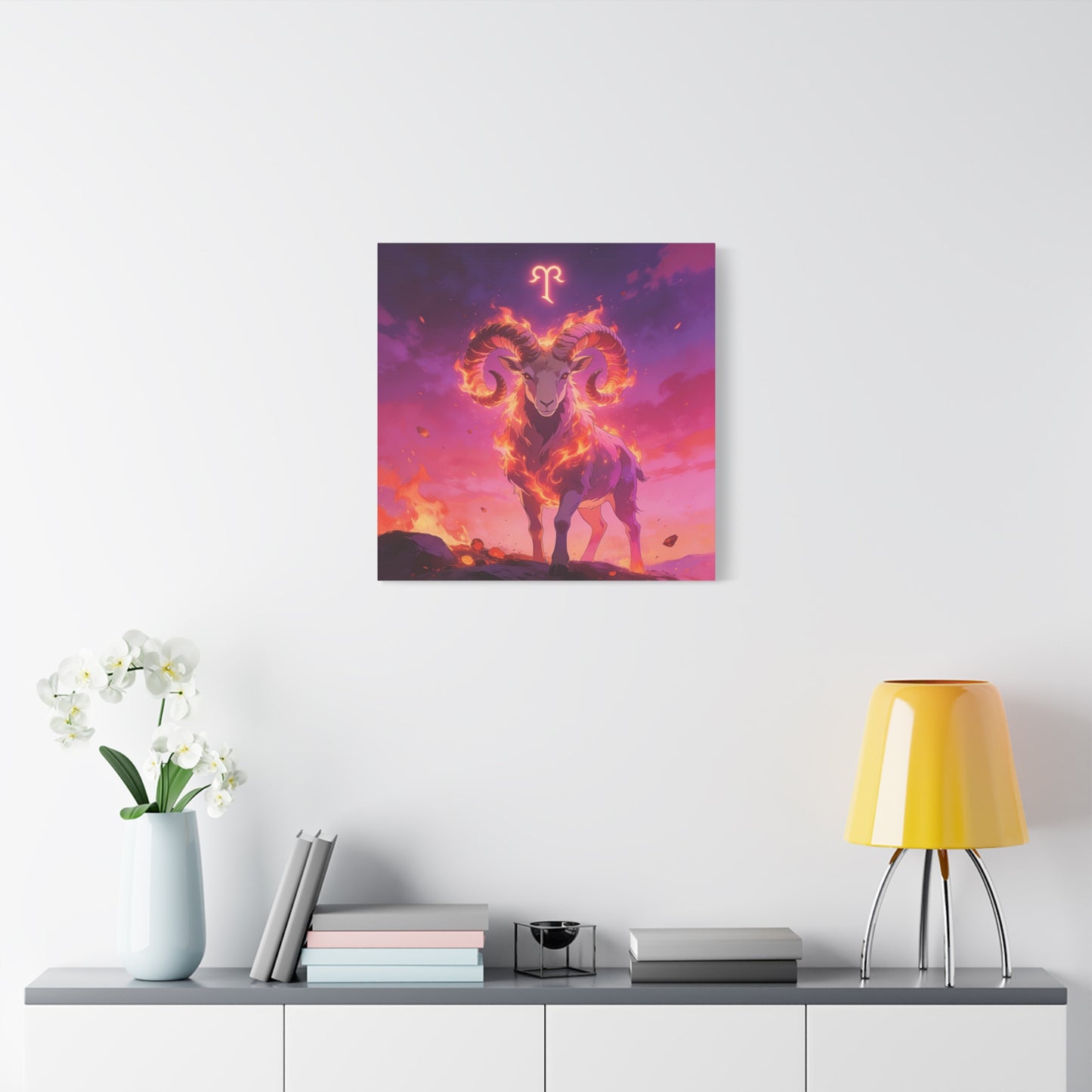Aries Ram Canvas Wall Art - Fiery Zodiac Illustration, Purple Pink Flame Sky, Matte Canvas Print, Modern Fantasy Style, Bedroom Wall Decor, Home Office Accent, Statement Piece For Astrology Lovers