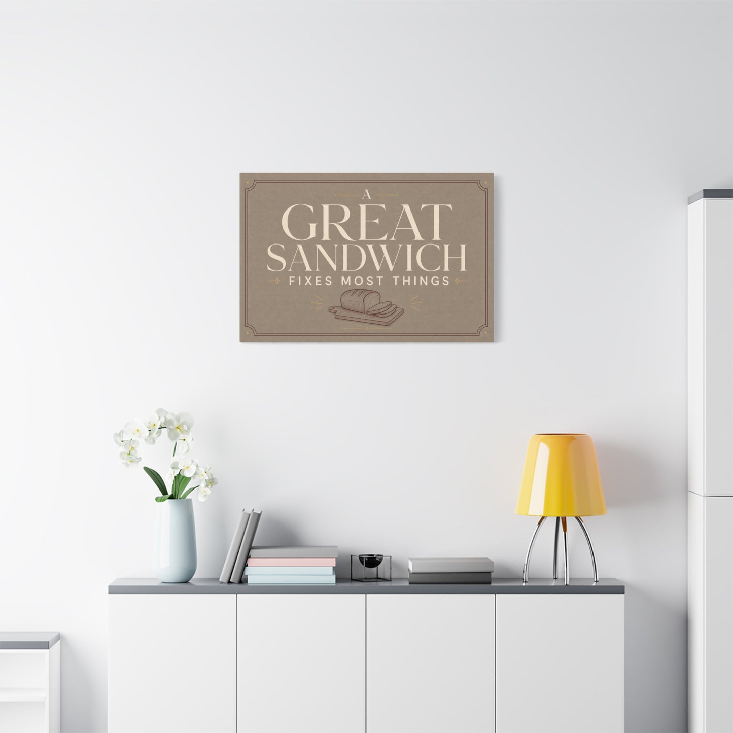 "A Great Sandwich Fixes Most Things" Canvas Wall Art - Vintage Typography Bread Illustration - Neutral Farmhouse Style - Funny Food Quote - Deli Wall Decor - Sandwich Shop Sign - Diner Decor