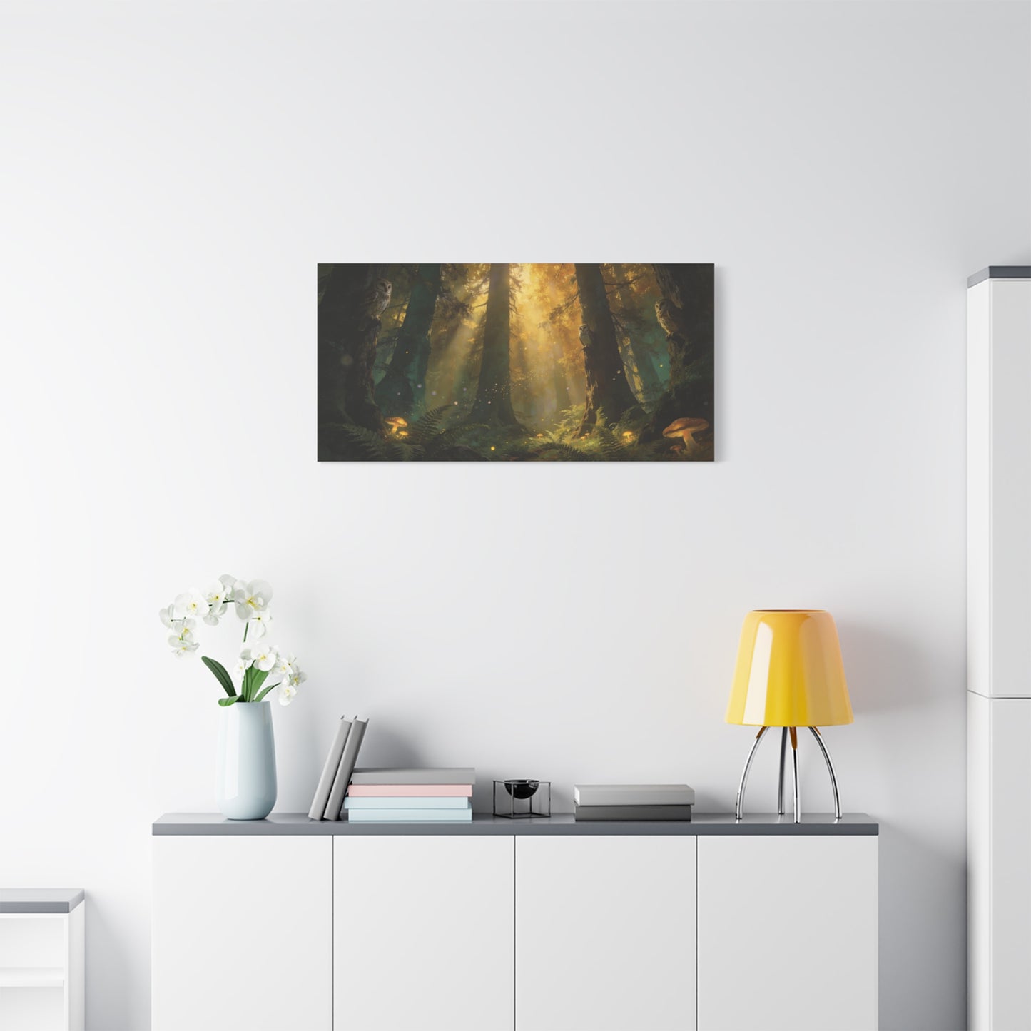 Owl Forest Canvas Wall Art - Sunbeams, Mushrooms, Fern Woodland Scene - Matte Cotton Print - Mystical Nature Style - Living Room Wall Decor, Bedroom Home Decoration - Bedroom Home Decoration