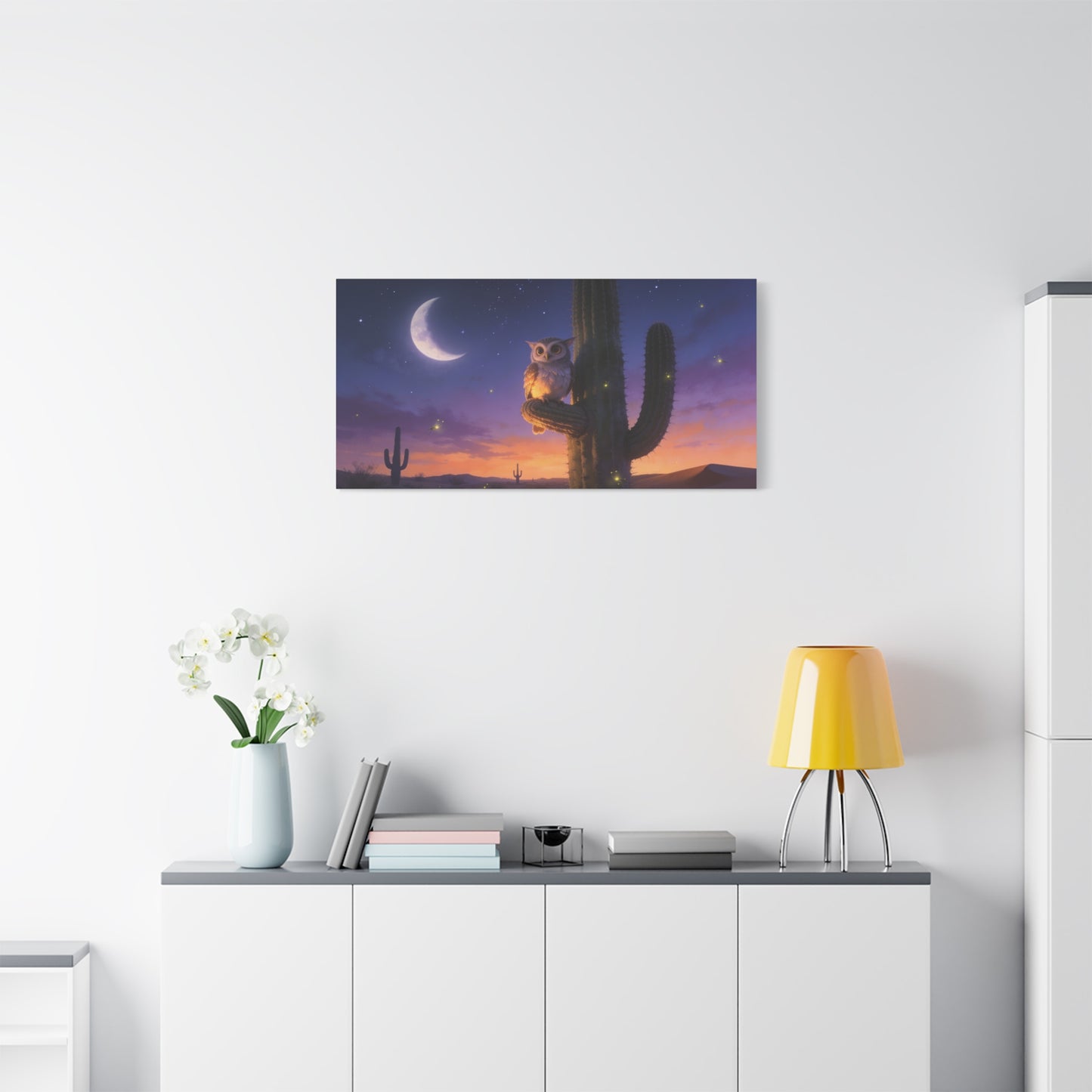 Owl On Saguaro Cactus Canvas Wall Art - Moonlit Desert Night Sky, Fireflies, Twilight Landscape - Matte Cotton Print - Contemporary Wildlife Style - Bedroom Living Room Decor - Living Room Wall Decor