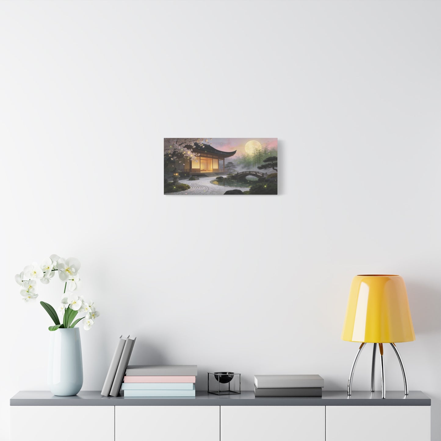 Japanese Zen Garden Canvas Wall Art - Moonlit Temple, Cherry Blossoms, Bamboo Mist - Serene Landscape Canvas Print - Traditional Style, Bedroom Wall Decor, Meditation Space - Bedroom Home Decoration