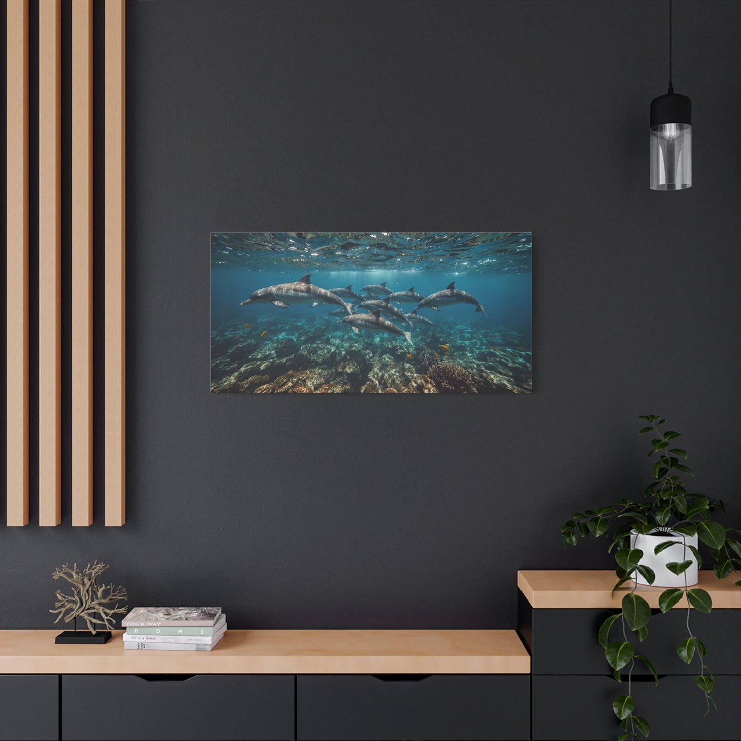 Dolphin School Canvas Wall Art - Underwater Ocean Art Print, Blue Coastal Decor - Matte Canvas Print, Contemporary Seascape Style - Living Room Wall Decor, Bedroom Home Decoration - Ready to Hang