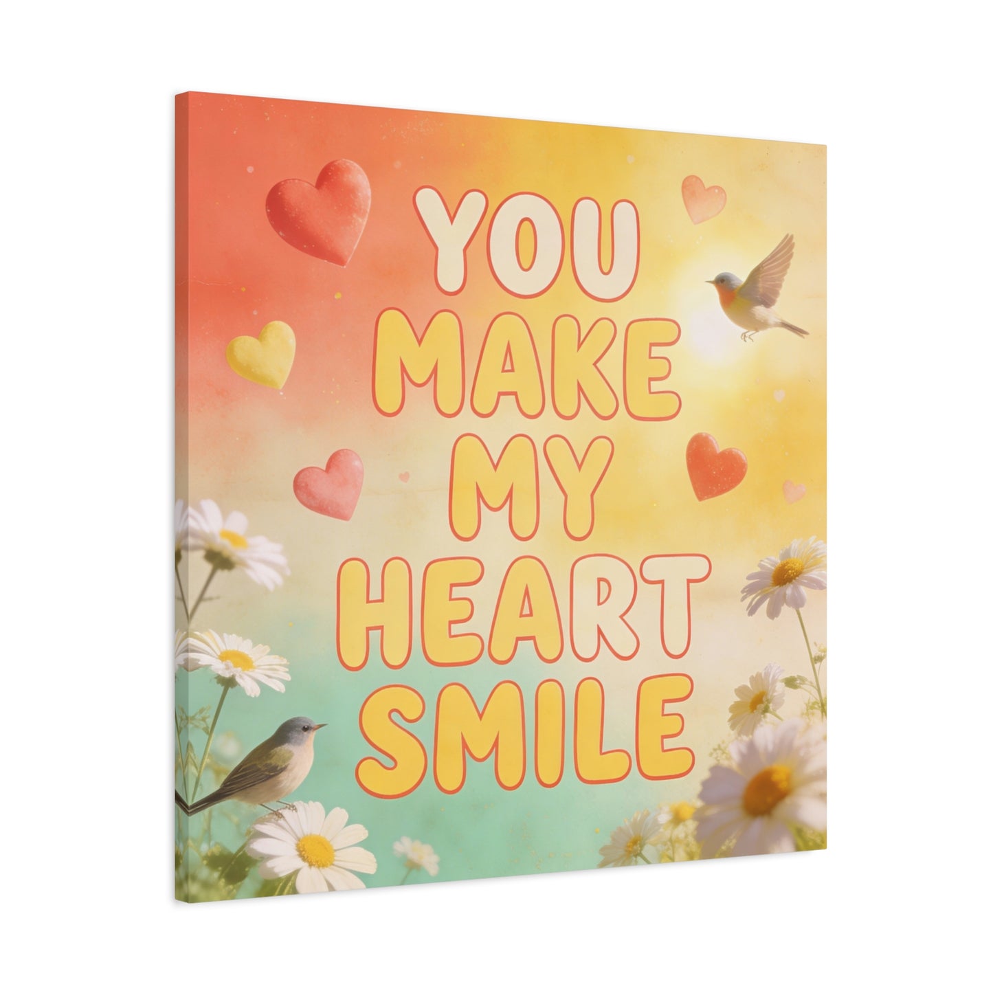 "You Make My Heart Smile" Inspirational Canvas Wall Art - Daisy And Songbird Quote Print, Pastel Typography Decor, Cheerful Bedroom Wall Hanging, Nursery Home Accent - Bedroom Home Decoration