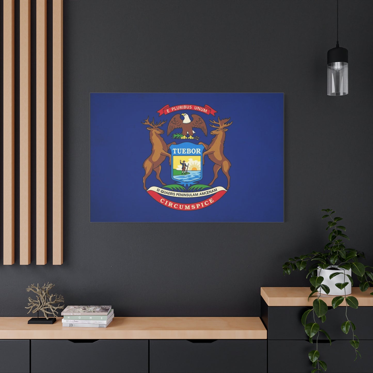 "E Pluribus Unum" Michigan State Flag Canvas Wall Art - Blue Crest With Elk Eagle And "Tuebor" - Vintage Heraldic Decor, Living Room Wall Decor, Office Art - Bedroom Home Decoration - Ready to Hang