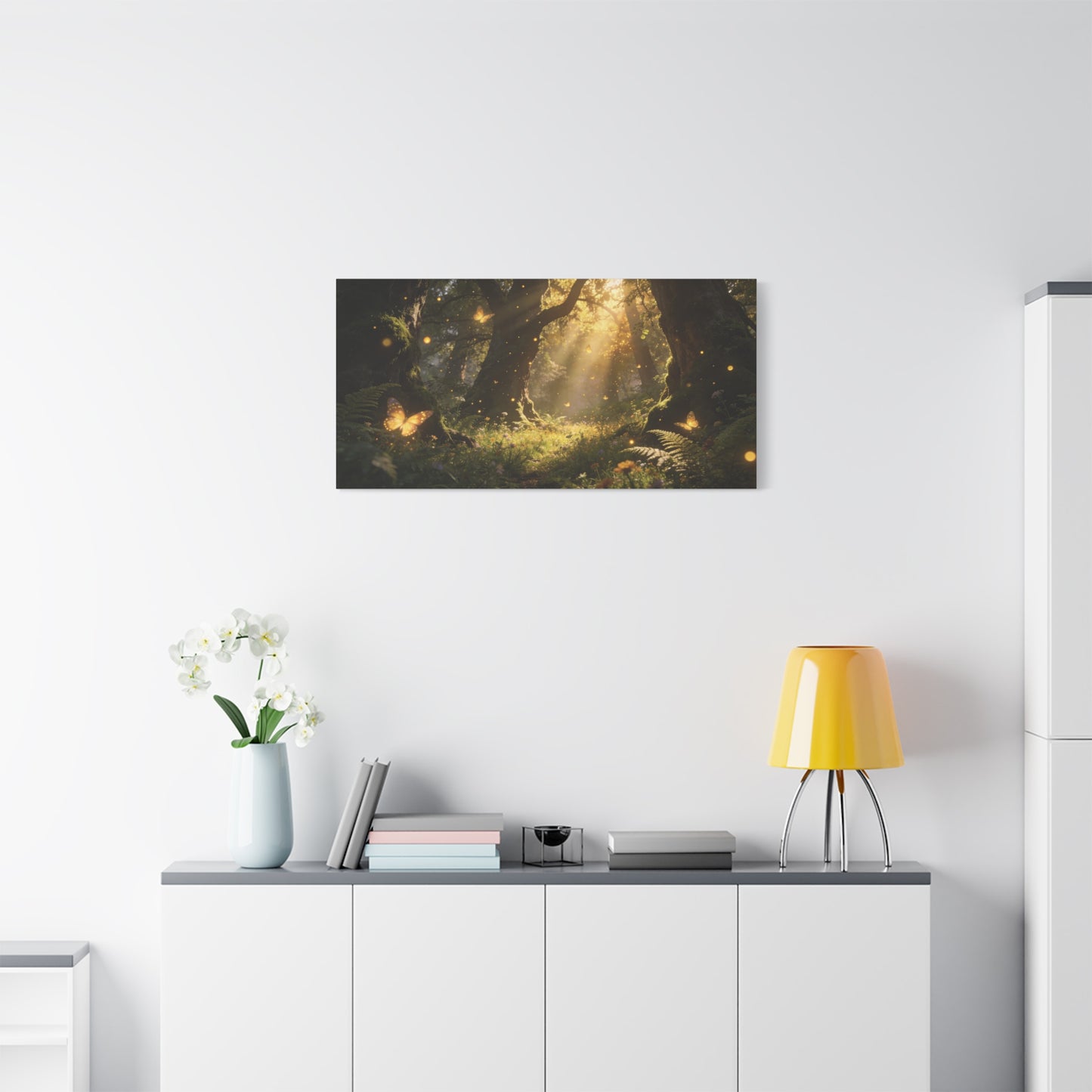 Enchanted Forest Canvas Wall Art - Sunlit Butterflies, Woodland Glade Scene - Matte Cotton Canvas Print - Fantasy Nature Style - Living Room Wall Decor, Bedroom Home Decoration - Cozy Reading Nook Art