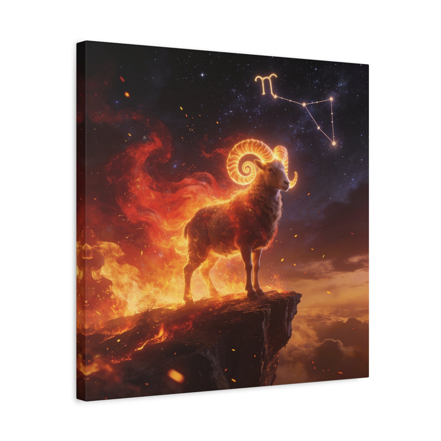 Aries Ram Canvas Wall Art - Fiery Zodiac Constellation Celestial Animal Print - Glowing Horns, Cosmic Night Sky - Contemporary Fantasy Style - Bedroom Home Decoration Office Wall Art - Ready to Hang