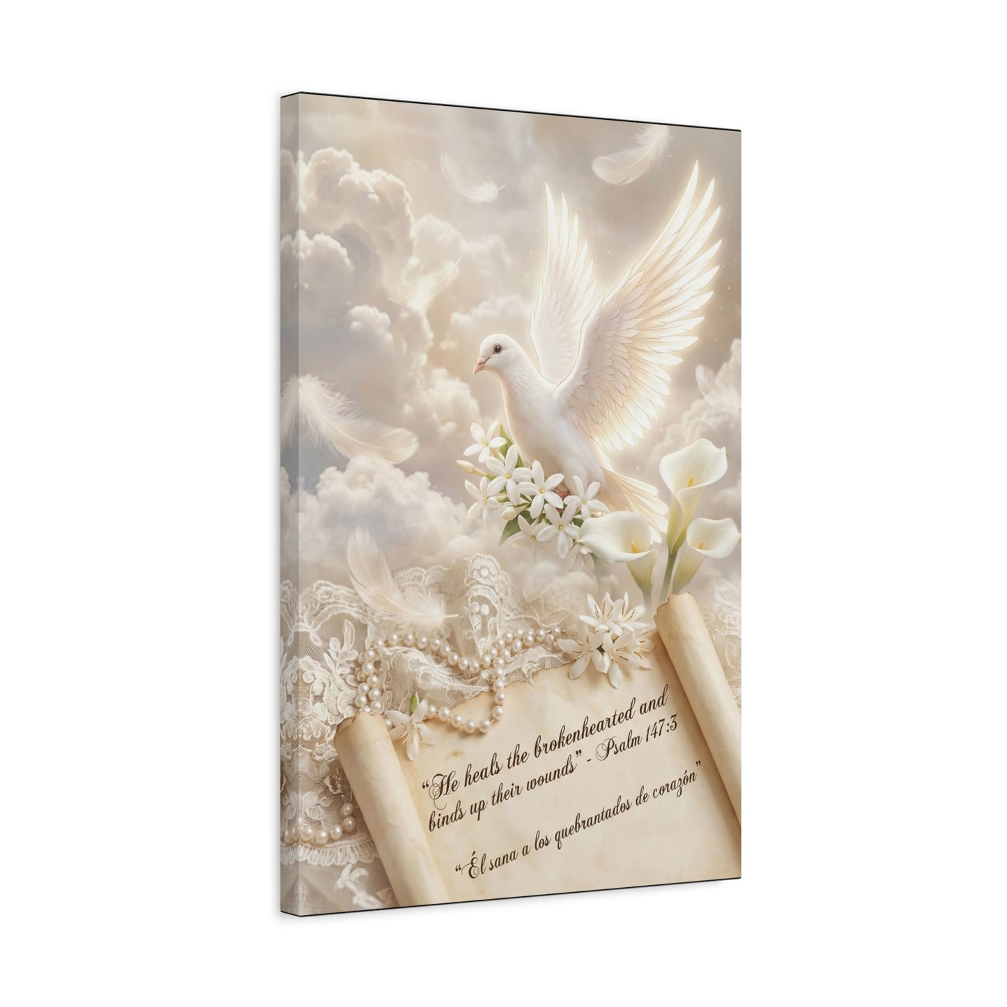 "He Heals The Brokenhearted And Binds Up Their Wounds" Dove Canvas Wall Art - Psalm 147:3 Scripture, White Lily Floral Design - Traditional Religious Decor For Bedroom - Office Wall Art