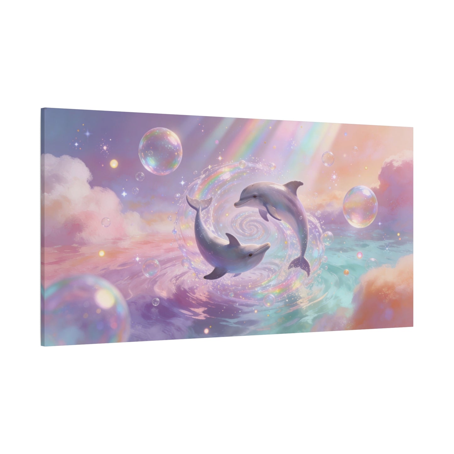 Dolphin Canvas Wall Art - Dreamy Ocean Swirl, Pastel Sky And Rainbow Light - Cotton Canvas Print - Whimsical Contemporary Style - Living Room Wall Decor, Bedroom Home Accent - Bedroom Home Decoration