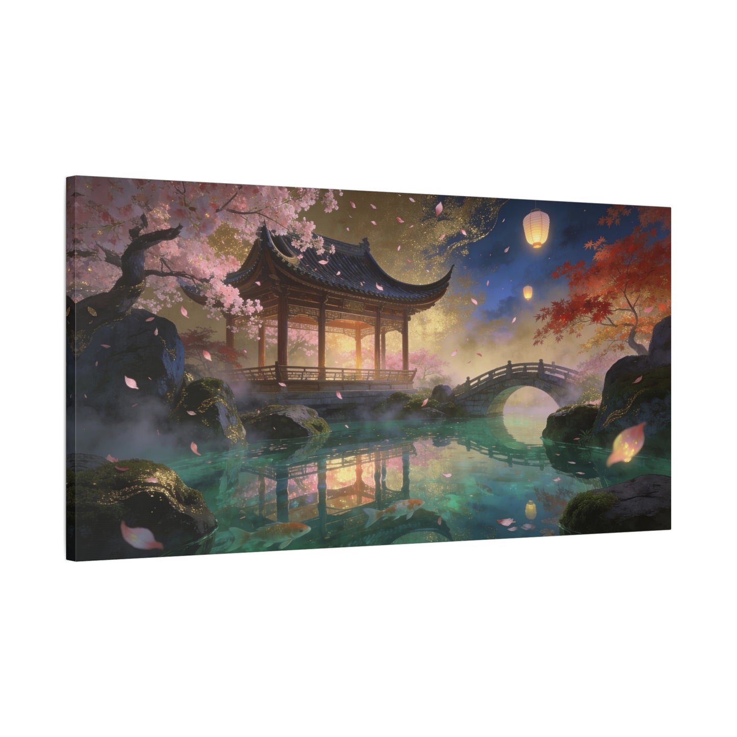 Japanese Garden Pavilion Canvas Wall Art - Cherry Blossom Pond, Lantern Night, Arched Bridge - Serene Traditional Landscape - Living Room Wall Decor, Bedroom Home Decoration - Bedroom Home Decoration