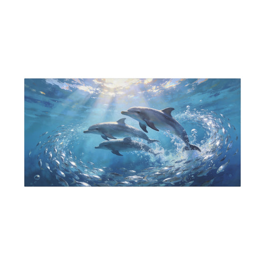 Dolphin Ocean Canvas Wall Art - Blue Underwater Marine Life Scene, Sunbeam Seascape Print - Coastal Style, Serene Living Room Wall Decor, Bedroom Home Decoration Accent - Bedroom Home Decoration