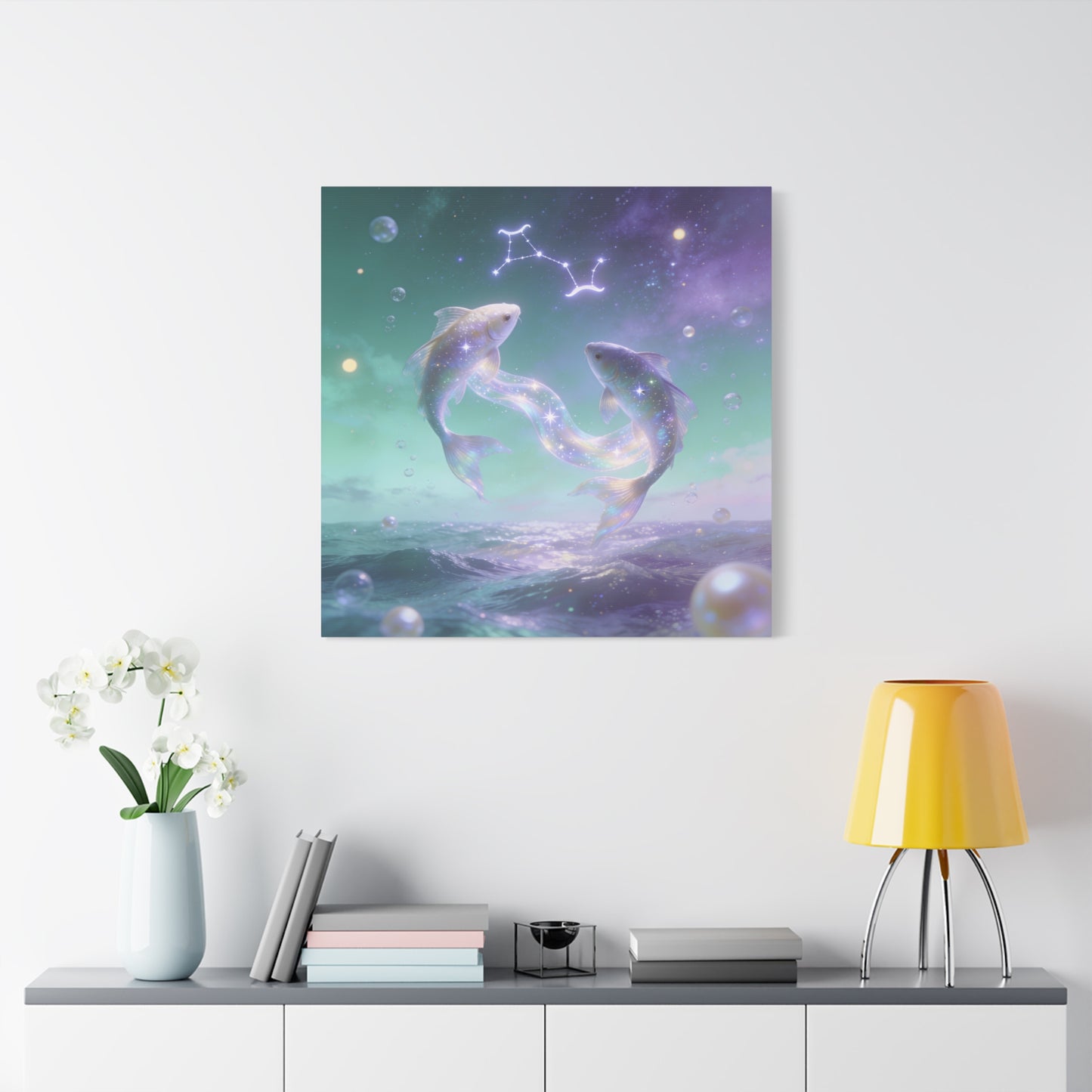 Pisces Fish Canvas Wall Art - Celestial Ocean Zodiac Illustration, Dreamy Aurora Nightscape, Matte Cotton Print, Mystical Bedroom Accent, Meditation Space Piece, Office Interior Style - Ready to Hang