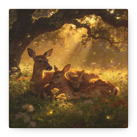 Doe And Fawns Canvas Wall Art - Woodland Deer Family In Golden Light, Whimsical Nature Scene - Matte Finish Cotton Print - Rustic Traditional Style - Bedroom Wall Decor - Bedroom Home Decoration