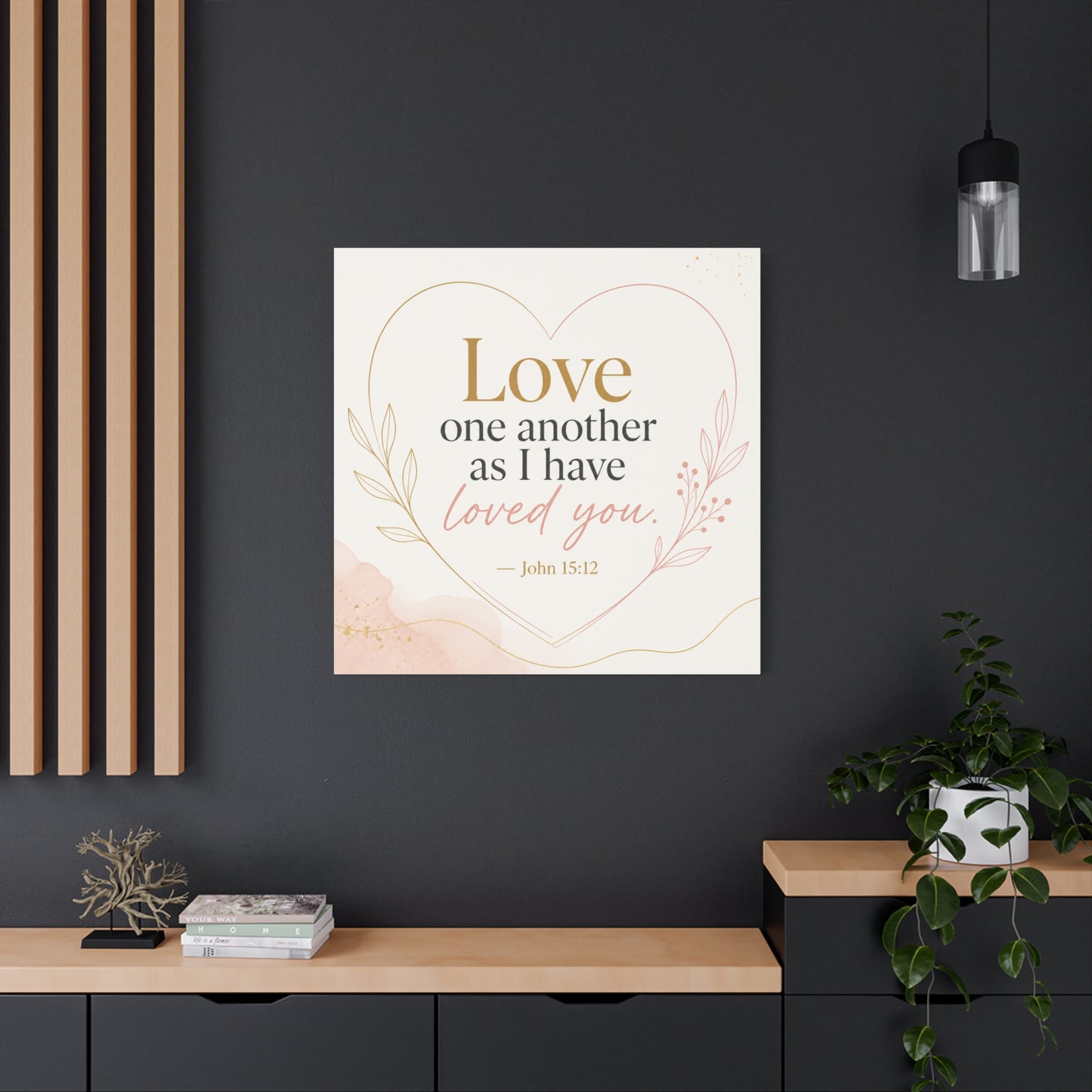 "Love One Another As I Have Loved You. John 15:12" Canvas Wall Art - Christian Scripture Quote, Heart Line Floral Design - Blush Gold Typography - Bedroom Living Room Decor - Living Room Wall Decor