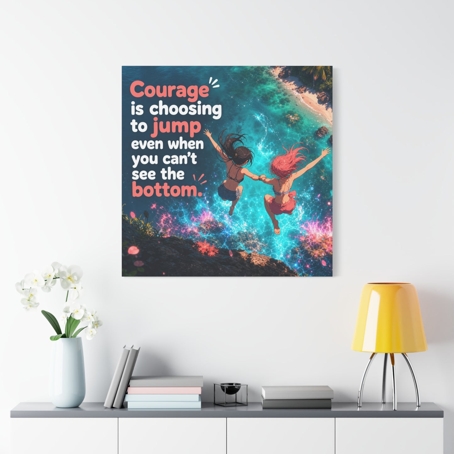 "Courage Is Choosing To Jump Even When You Can't See The Bottom" Canvas Wall Art - Coastal Quote Illustration, Inspirational Ocean Cliff Scene, Bedroom Wall Decor, Teen Space Accent - Ready to Hang