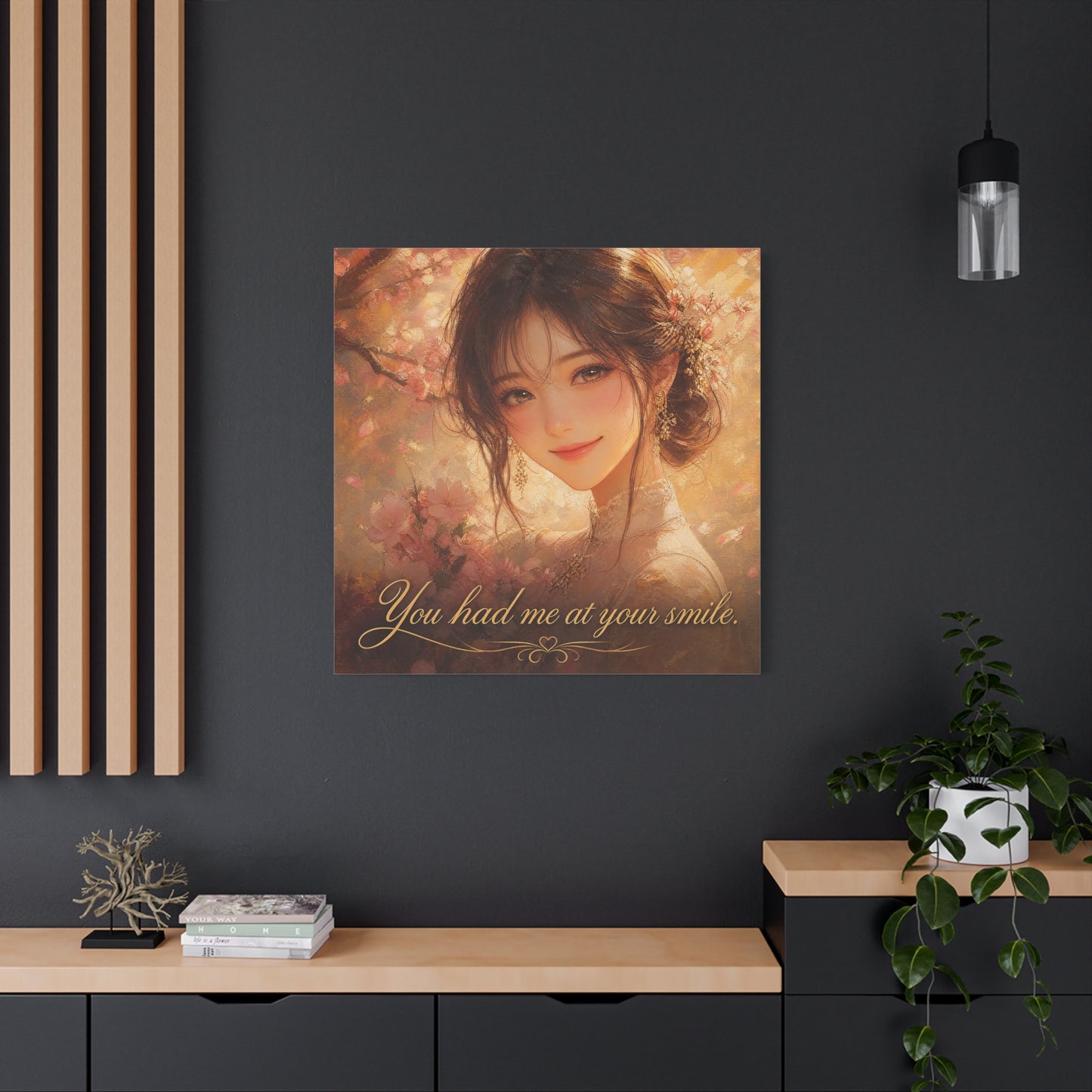 You Had Me At Your Smile Portrait Canvas Wall Art - Romantic Floral Woman Quote Print - Golden Blush Illustration - Traditional Style Living Room Decor - Ready to Hang - Living Room Wall Decor