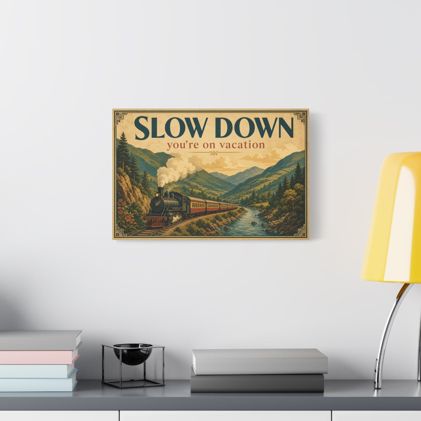 "Slow Down You're On Vacation" Vintage Train Canvas Wall Art - Mountain River Travel Poster Style, Retro Landscape Home Decor - Rustic Cabin Living Room Decoration, Vacation Rental Accent