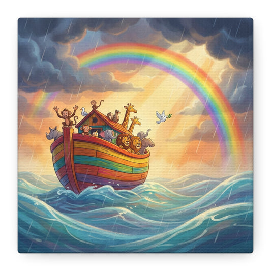 Noahs Ark Canvas Wall Art - Rainbow Animal Boat Nursery Decor - Cotton Canvas Print, Kids Bedroom Home Decoration, Playroom Wall Hanging, Biblical Story Illustration, Classroom Accent - Ready to Hang