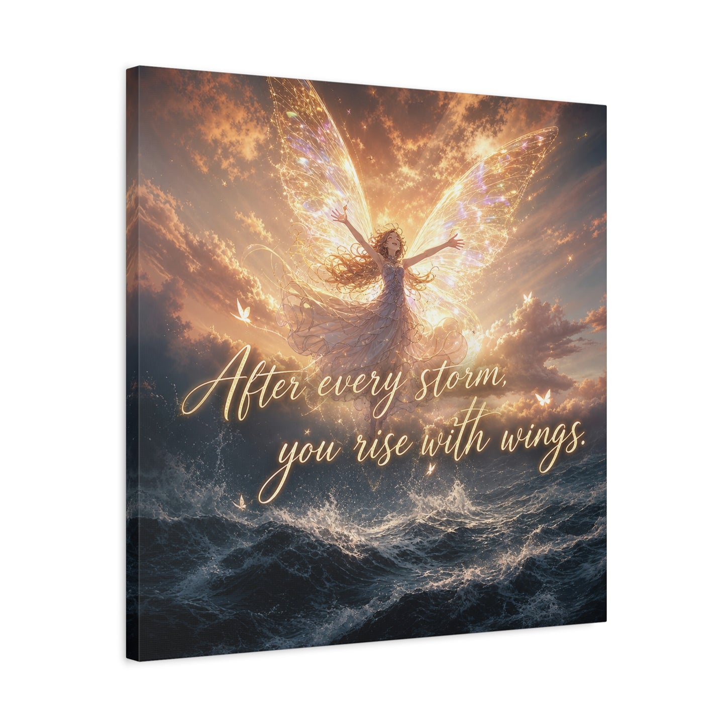 "After Every Storm, You Rise With Wings." Fairy Canvas Wall Art - Inspirational Ocean Sky Quote Print - Golden Ethereal Fantasy Decor - Bedroom Wall Hanging, Living Room Accent - Ready to Hang