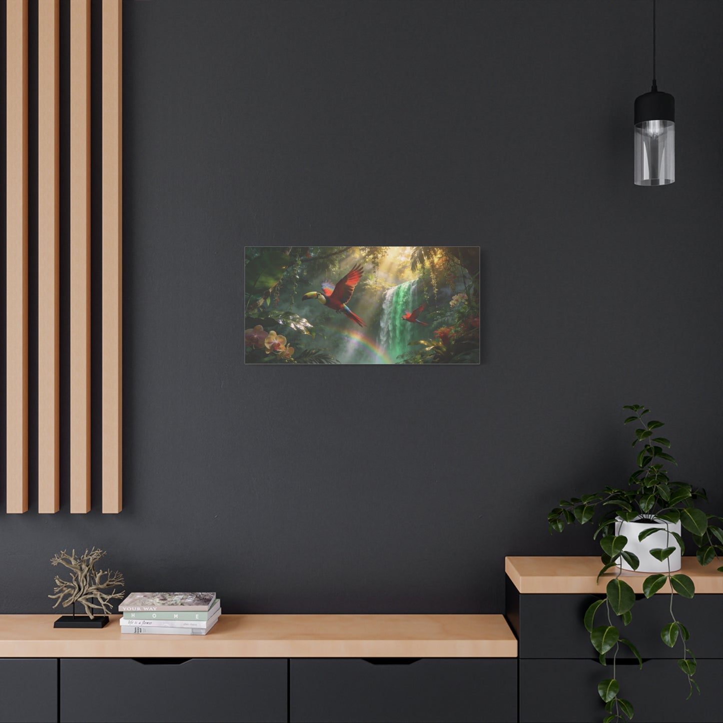 Scarlet Macaw Canvas Wall Art - Tropical Rainforest Waterfall Birds, Lush Jungle Scene, Matte Finish Canvas Print, Contemporary Nature Wall Decor For Living Room Bedroom Office - Cozy Reading Nook Art