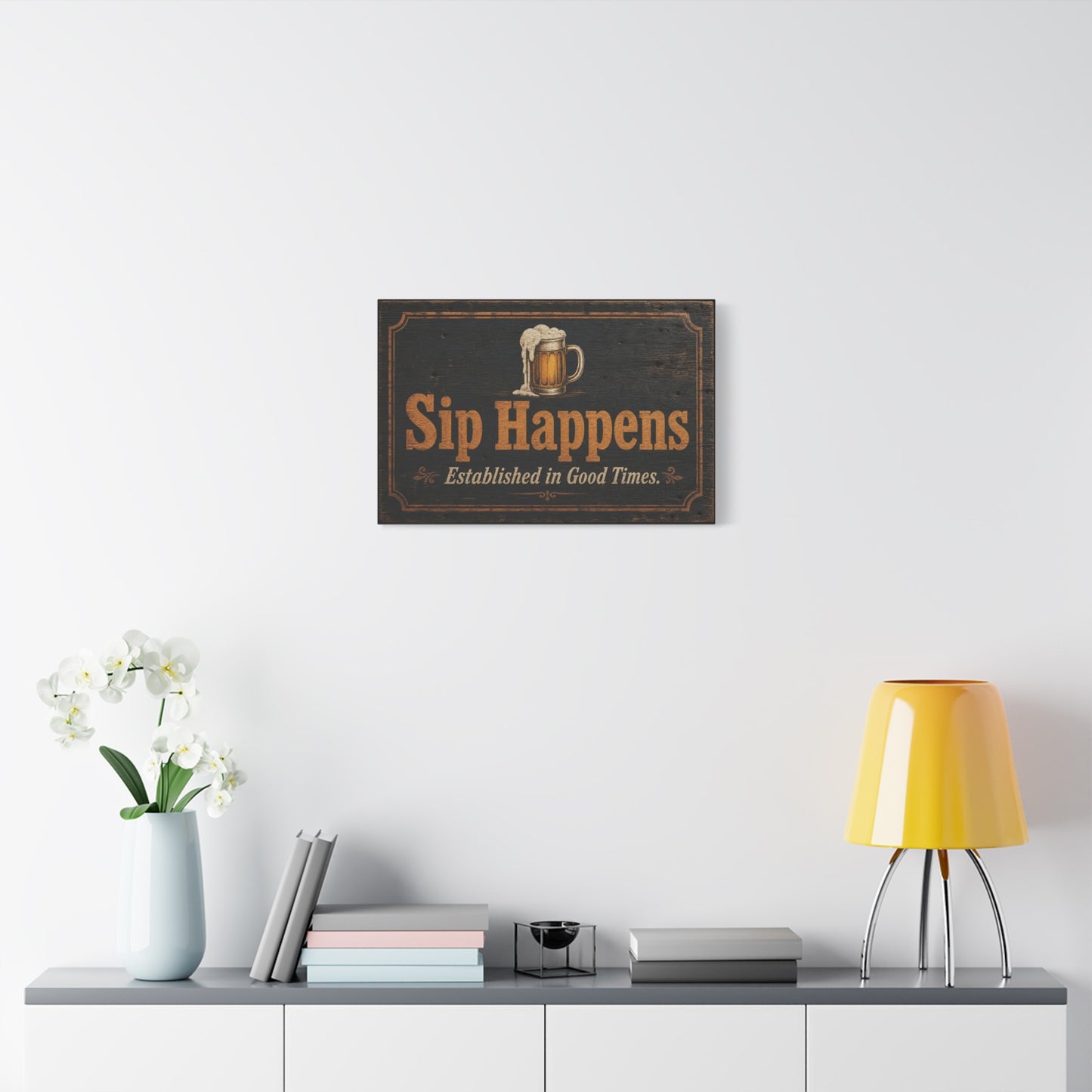 "Sip Happens" Beer Mug Canvas Wall Art - Rustic Vintage Pub Sign, Established In Good Times - Farmhouse Bar Decor - Ready to Hang - Ready to Hang - Pub Wall Art - Cocktail Lounge Decor