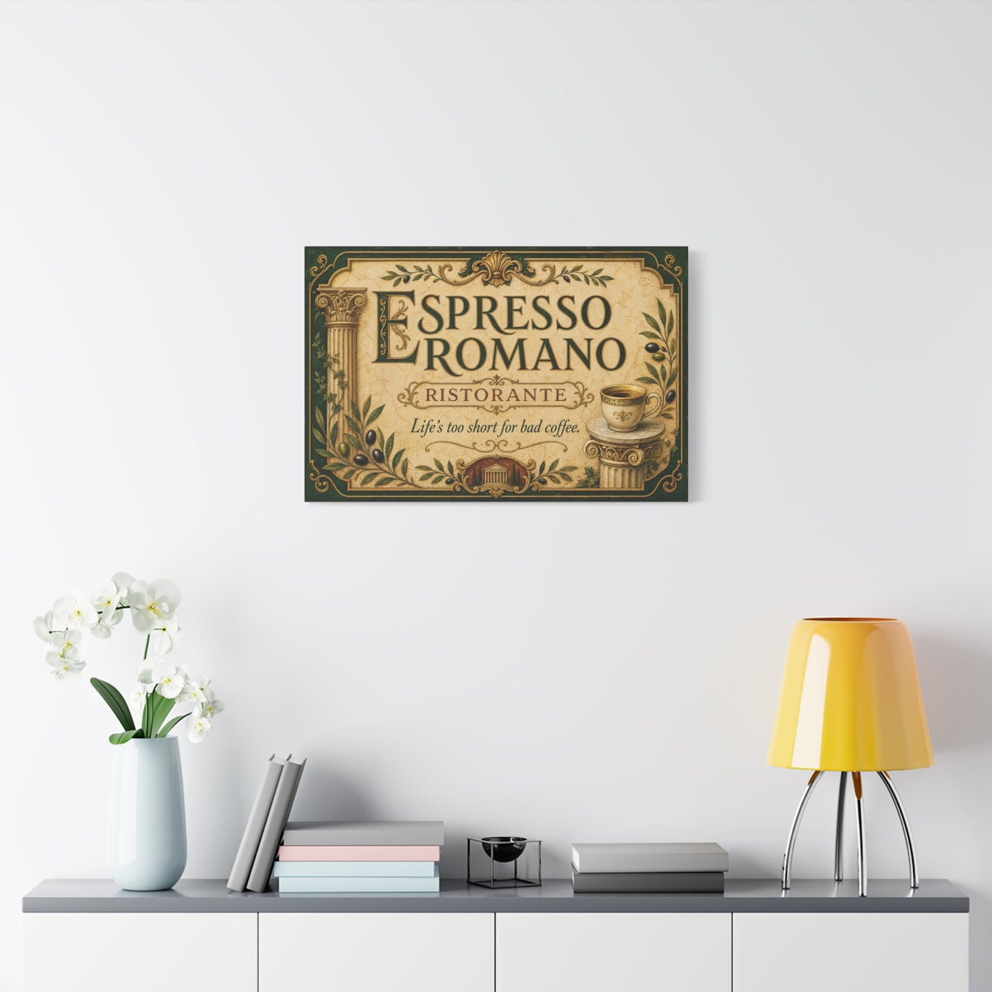 "Espresso Romano" Canvas Wall Art - "Life's Too Short For Bad Coffee." Vintage Italian Cafe Decor, Olive Branches, Roman Columns, Espresso Cup - Coffee Shop Decor - Cafe Wall Art - Ready to Hang