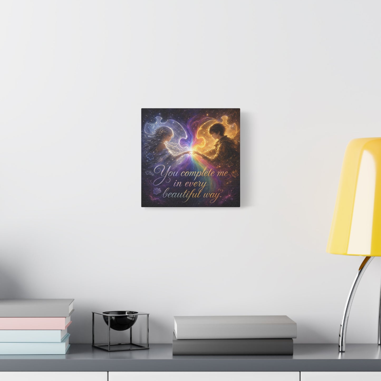 "You Complete Me In Every Beautiful Way" Romantic Couple Canvas Wall Art - Celestial Puzzle Soulmate Quote Print, Fantasy Love Decor - Bedroom Wall Hanging - Ready to Hang - Bedroom Home Decoration