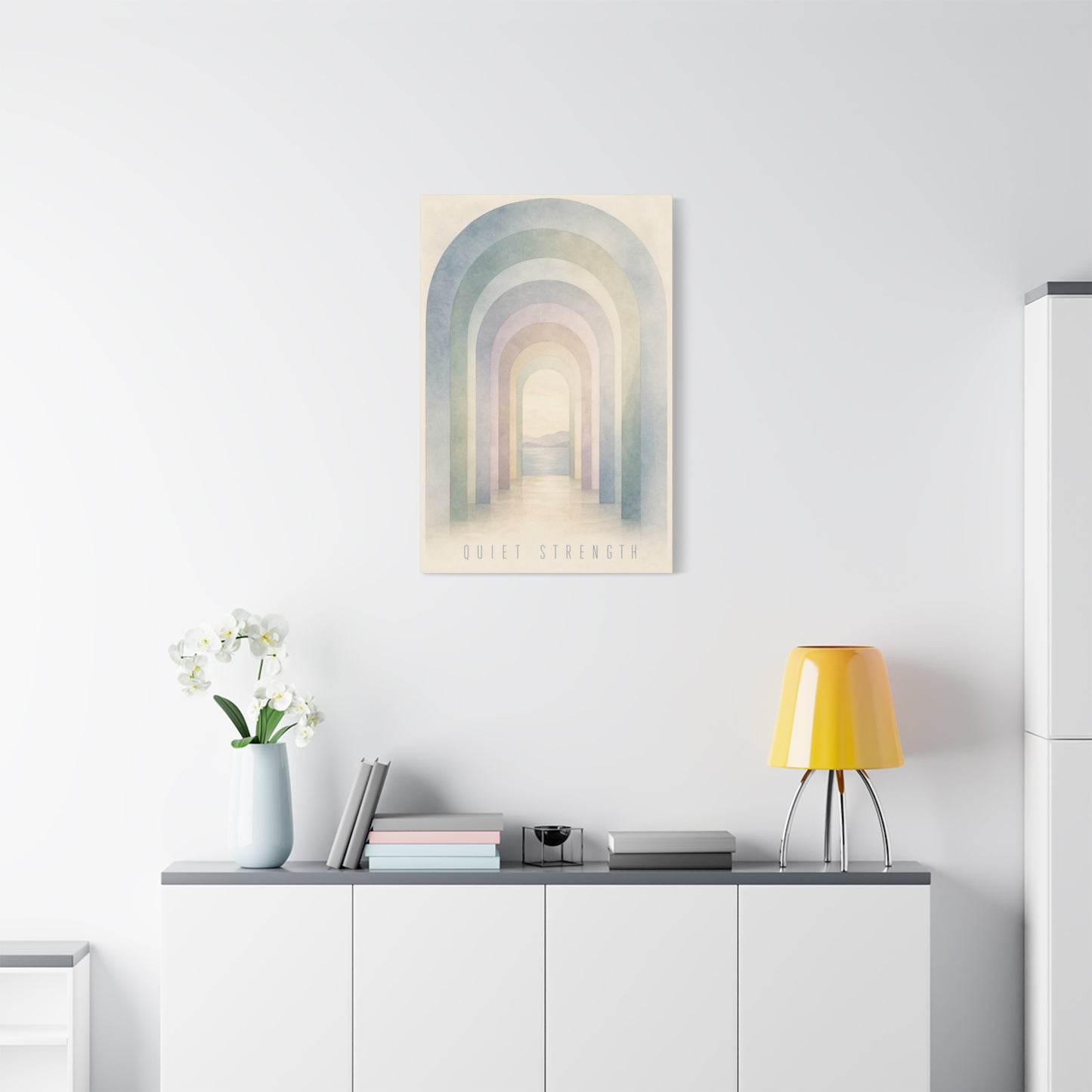 "Quiet Strength" Rainbow Arch Canvas Wall Art - Pastel Abstract Landscape Print, Minimalist Boho Home Decor - Serene Bedroom Wall Hanging, Nursery Room Decoration, Meditation Space - Ready to Hang