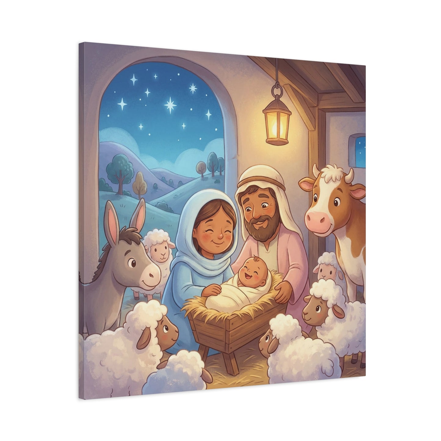 Holy Family Nativity Canvas Wall Art - Baby Jesus, Mary And Joseph Nursery Decor - Starry Stable Christian Home Decoration - Matte Canvas Print For Bedroom, Living Room - Ready to Hang - Ready to Hang