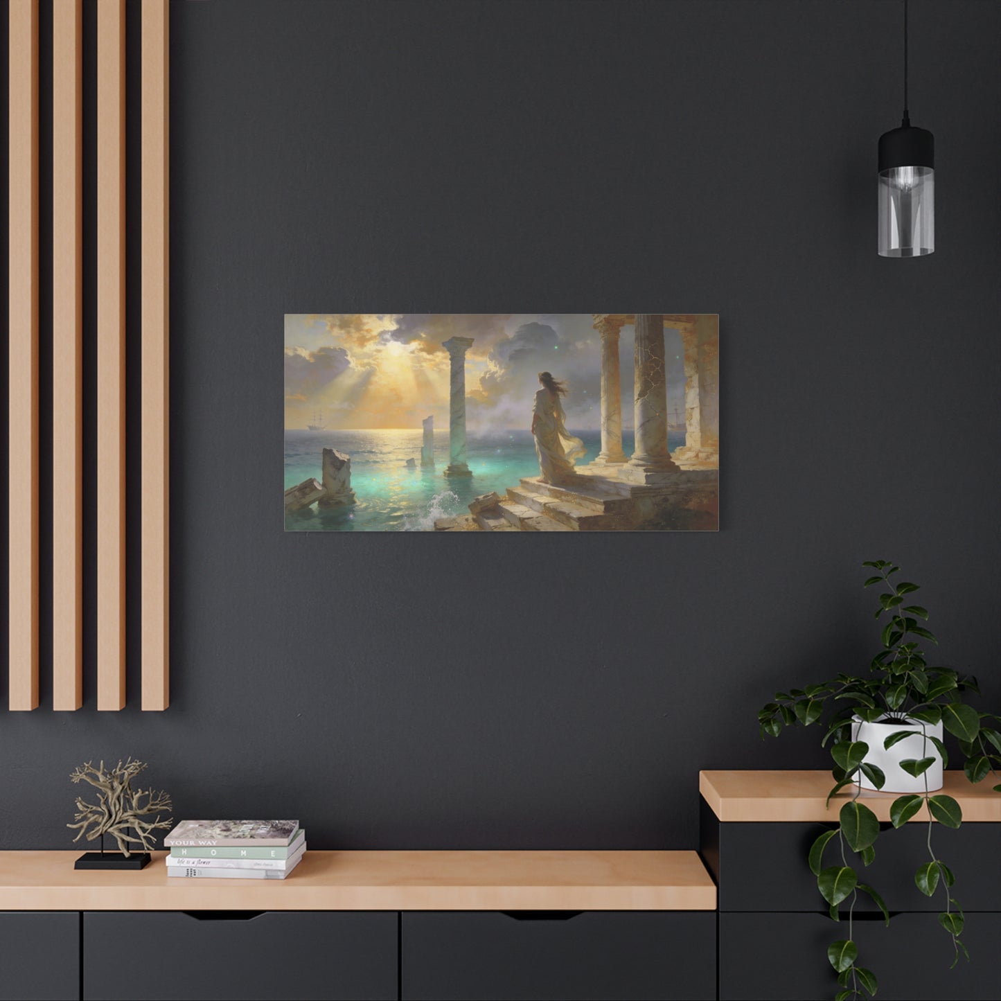 Seaside Ruins Canvas Wall Art - Woman In Flowing Gown, Sunbeams Over Ancient Columns - Luminous Coastal Painting - Living Room Wall Decor, Bedroom Home Decoration, Office Art - Bedroom Home Decoration