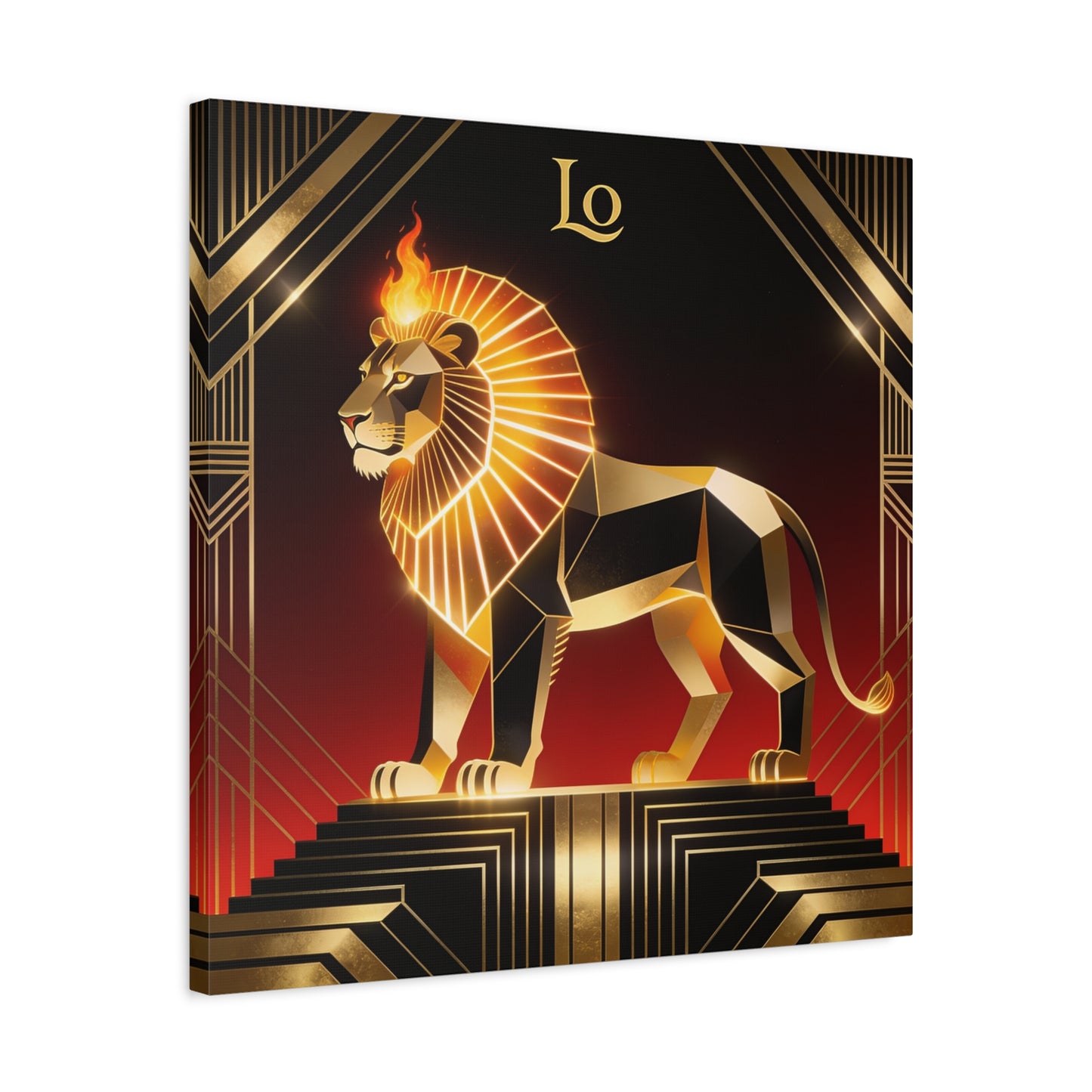 "Lo" Geometric Lion Canvas Wall Decor - Art Deco Gold Black Red Animal Print - Flaming Mane Illustration, Modern Luxe Interior Accent, Living Room Home Decoration - Living Room Wall Decor