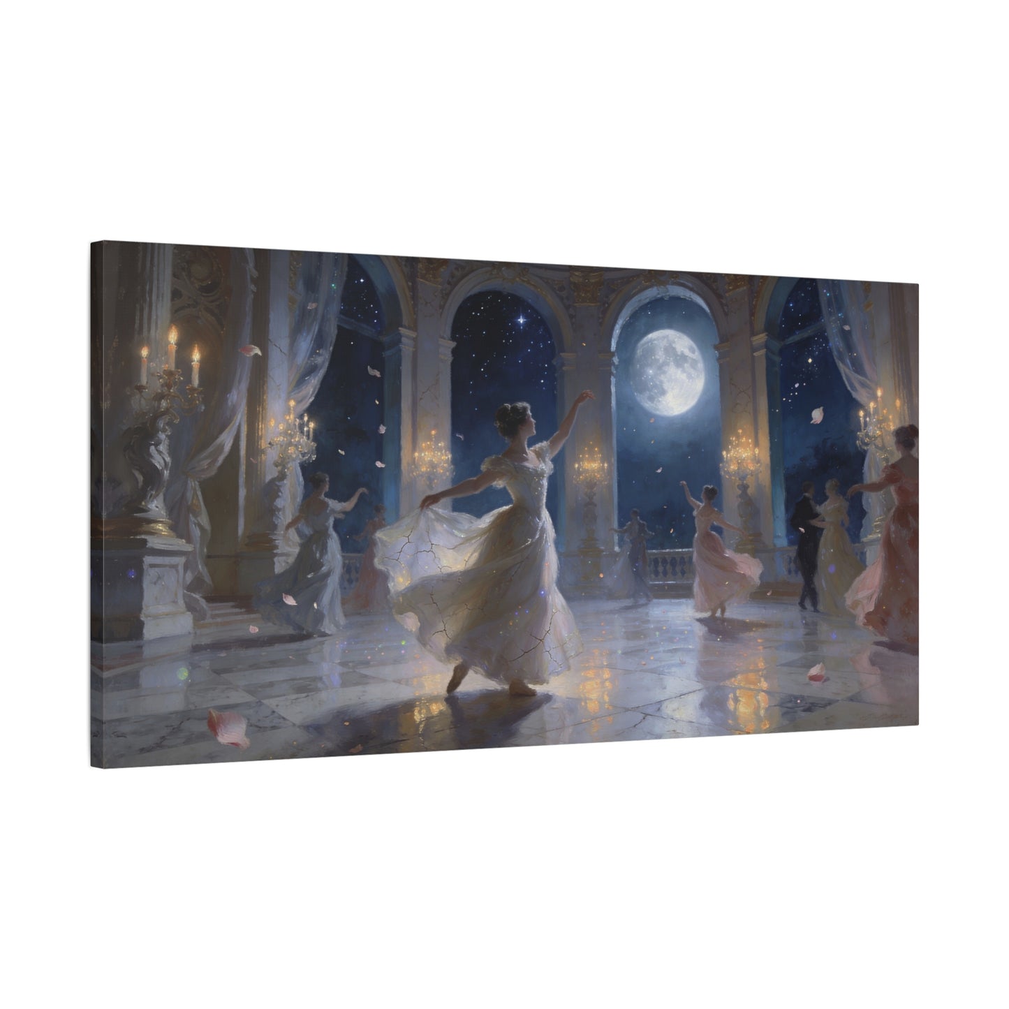 Moonlit Ballroom Dance Canvas Wall Art - Romantic Palace Night Scene, Elegant Dancers, Full Moon Arches - Dreamy Matte Canvas Print - Bedroom Wall Decor, Living Room Accent - Bedroom Home Decoration
