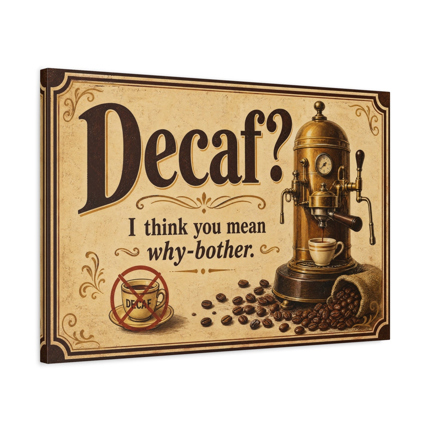 "Decaf I Think You Mean Why-Bother" Coffee Canvas Wall Art - Vintage Espresso Machine, Retro Cafe Humor - Matte Cotton Print - Coffee Bar Decoration - Cafe Wall Art - Bistro Decor - Espresso Bar Sign