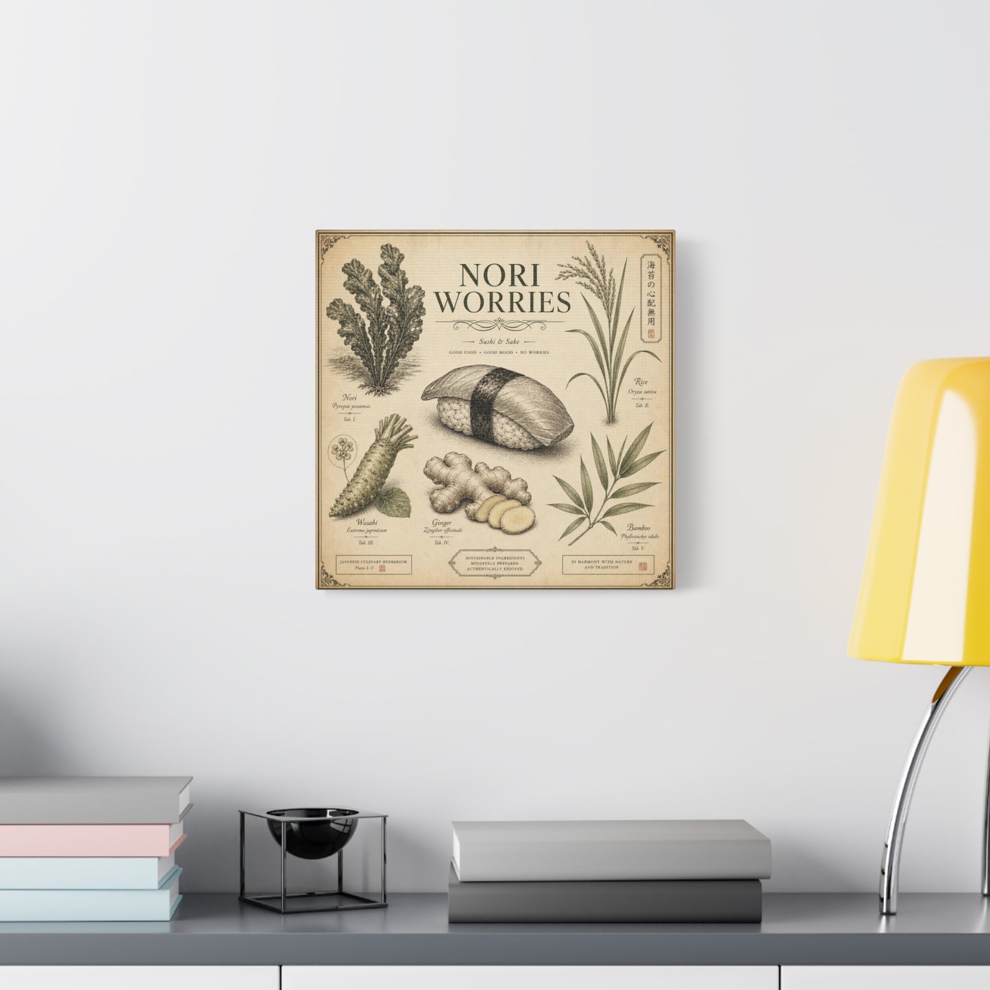 "Nori Worries" Sushi And Sake Canvas Wall Art - Vintage Japanese Culinary Herbarium Print, Rice Nori Wasabi Ginger Bamboo Illustration - Kitchen Wall Decor, Dining Room Accent - Modern Farmhouse Style