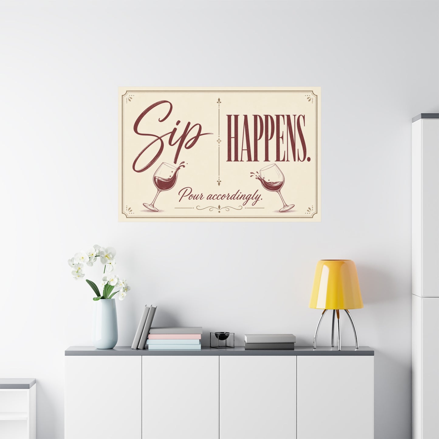 "Sip Happens. Pour Accordingly." Wine Quote Canvas Wall Art - Vintage Typography Bar Decor, Rustic Wall Hanging - Modern Farmhouse Style - Cocktail Lounge Decor - Speakeasy Style Sign - Ready to Hang