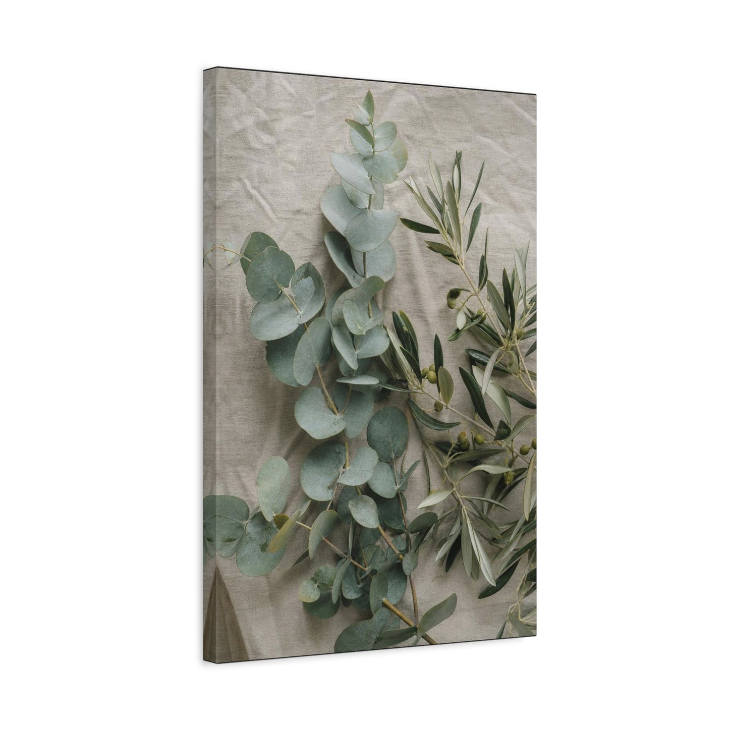 Eucalyptus And Olive Branch Canvas Wall Art - Botanical Still Life, Soft Sage Beige Tones - Matte Cotton Print, Minimalist Traditional Style - Bedroom Decoration, Spa Accent - Living Room Wall Decor