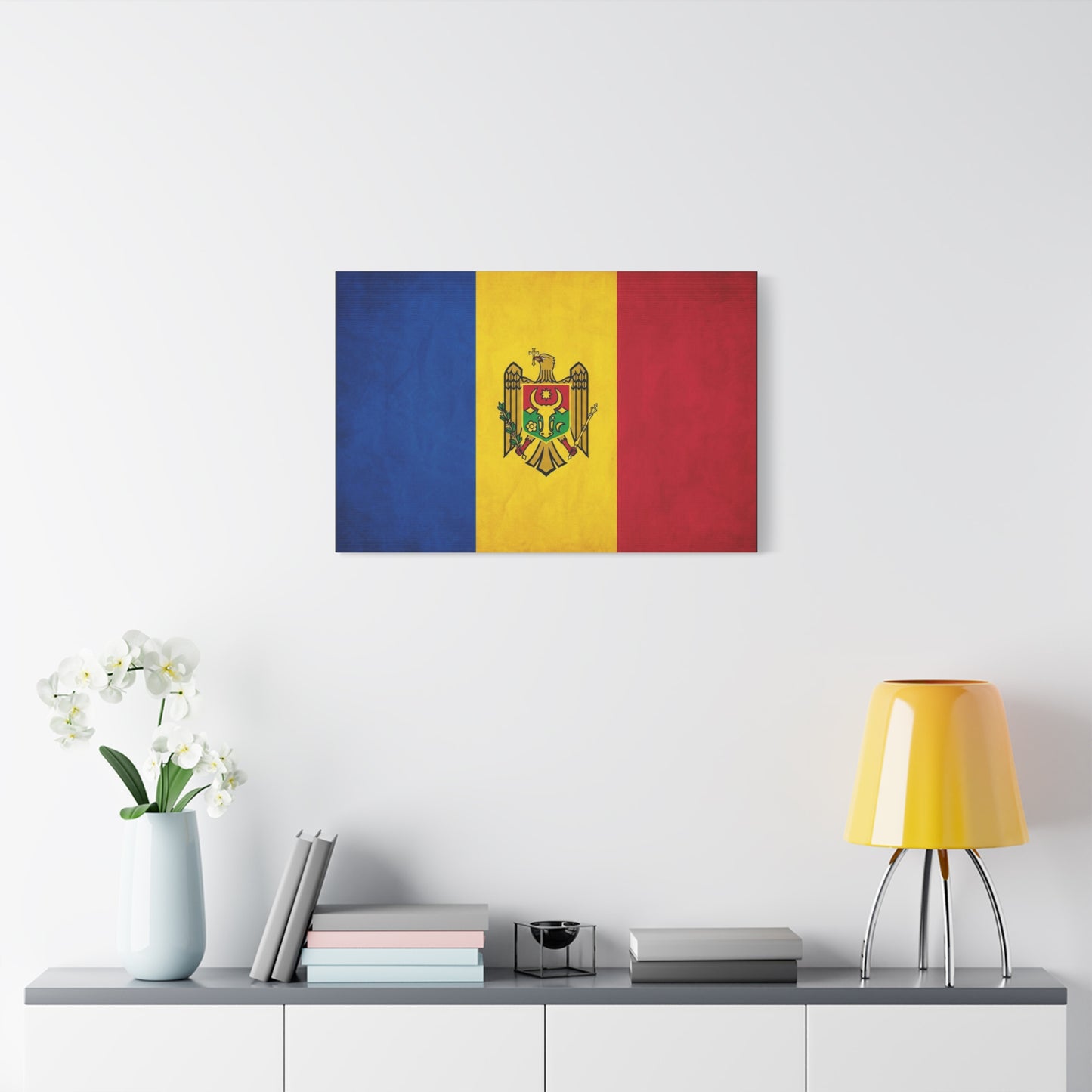Moldova Flag Canvas Wall Art - Blue Yellow Red Tricolor With Coat Of Arms - Patriotic Heritage Print - Traditional Style - Living Room Wall Decor - Bedroom Home Decoration - Bedroom Home Decoration