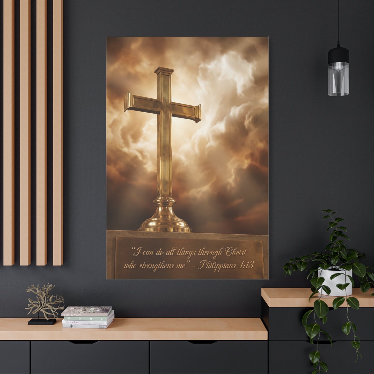 "I Can Do All Things Through Christ Who Strengthens Me" Christian Canvas Wall Art - Gold Cross, Philippians 4:13 Scripture Print - Traditional Faith Decor, Bedroom Living Room - Living Room Wall Decor